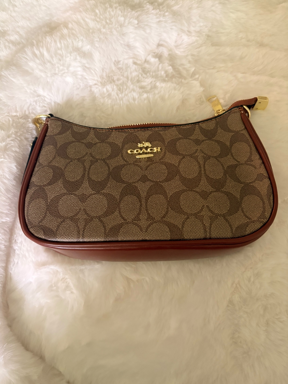 Coach Brown Signature Canvas Shoulder Bag with Tan Trim